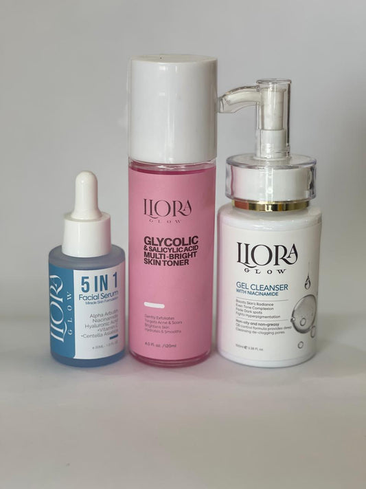 5-in-1 Facial Serum, Glycolic/Salicylic Toner, Niacinamide Gel Cleanser