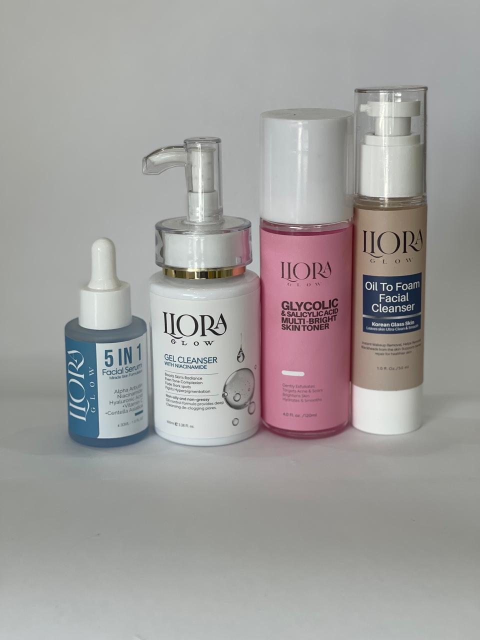 5 in 1 FACIAL SERUM   +GEL CLEANSER WITH NIACINAMIDE    +GLYCOLIC & SALICYLIC TONER   +OIL TO FOAM FACIAL CLEANSER