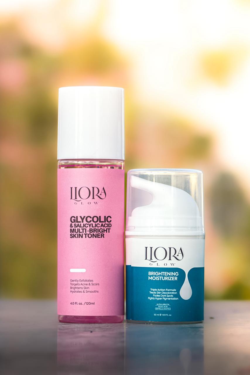 Two skincare products from Ilora on a blurred natural background